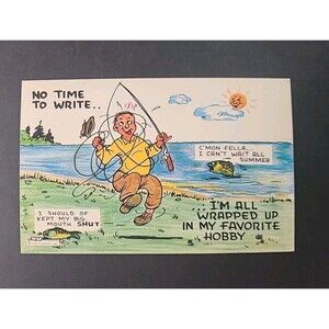 Vintage Postcard Greeting Card w/ Quote & Fishing Humor Comic Art Print ephemera